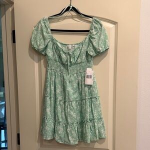 Sage Green Puff Sleeve Tiered Dress